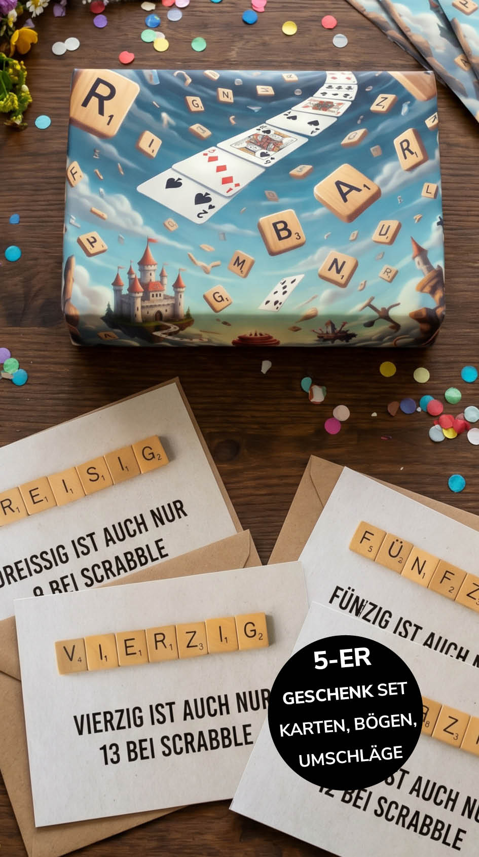 Geschenkpapier 5er Set Scrabble, Geschenkverpackung DIN A2; Geburtstagskarte mit Umschlag braun